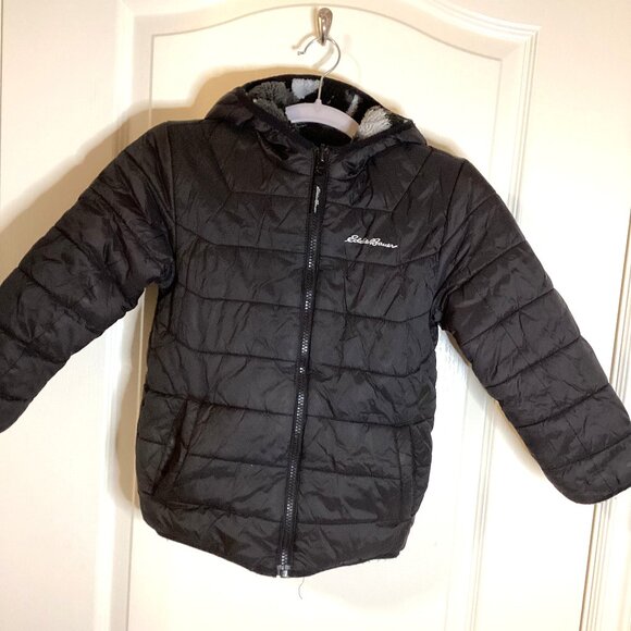 Eddie Bauer Reversable Fleece Lined Black Camouflage Puffer Jacket Size 6 - Picture 1 of 11